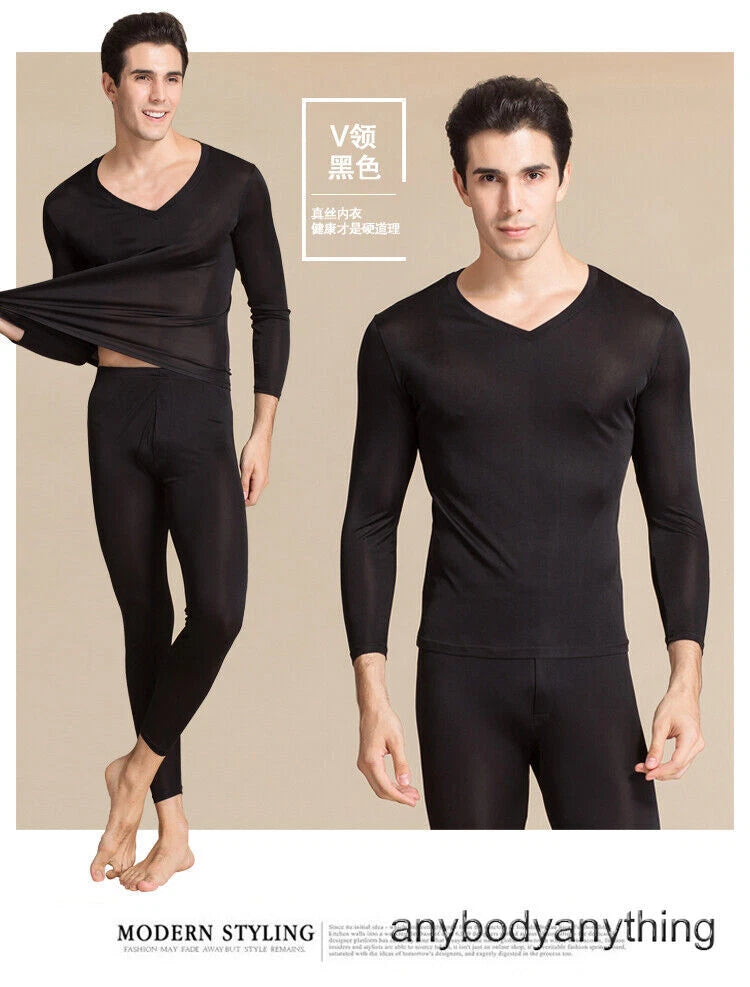 Men Mulberry Silk Thermal Long Johns Pajamas Underwear Baselayer Top&Bottom Set