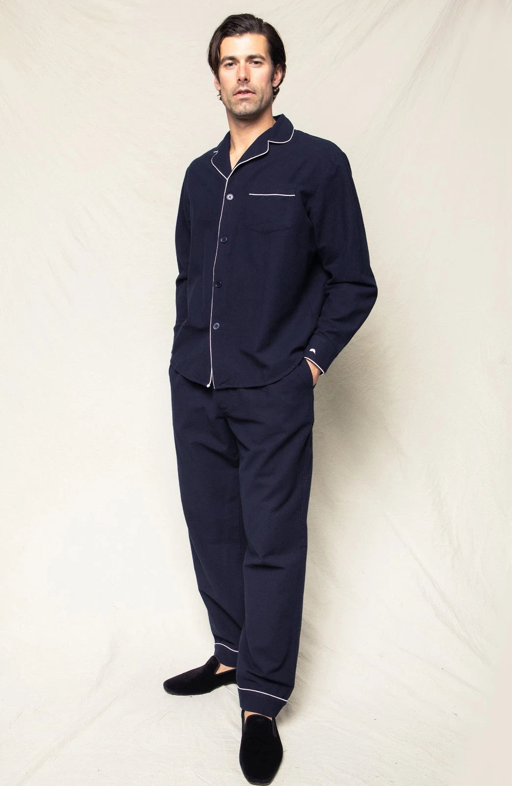 $118 NWT / PETITE PLUME Men's CLASSIC FLANNEL Navy Blue PAJAMA SET Size: LARGE