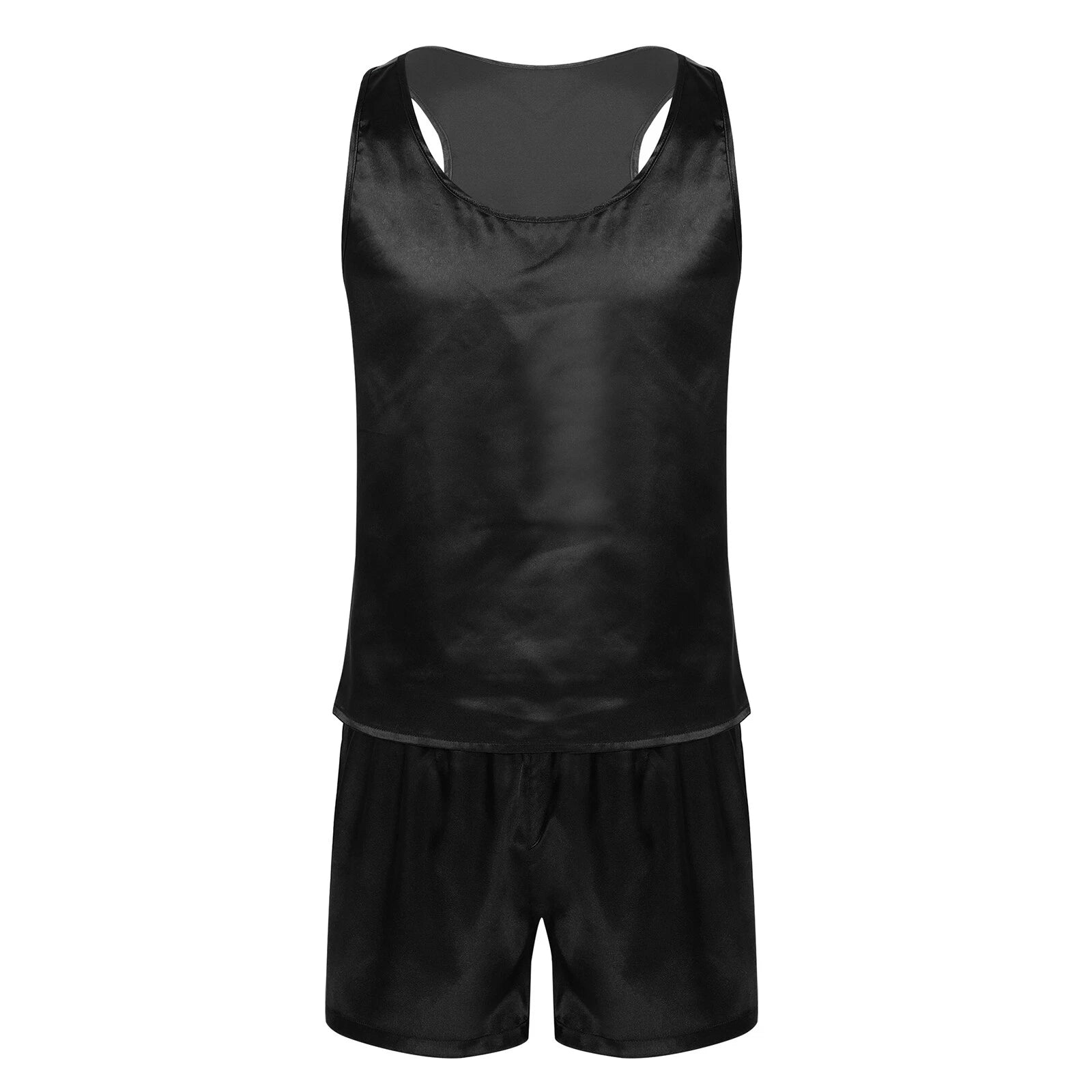 Mens Pajama Set Silky Satin Sleepwear Smooth Tank Top and Shorts 2 Pieces Set