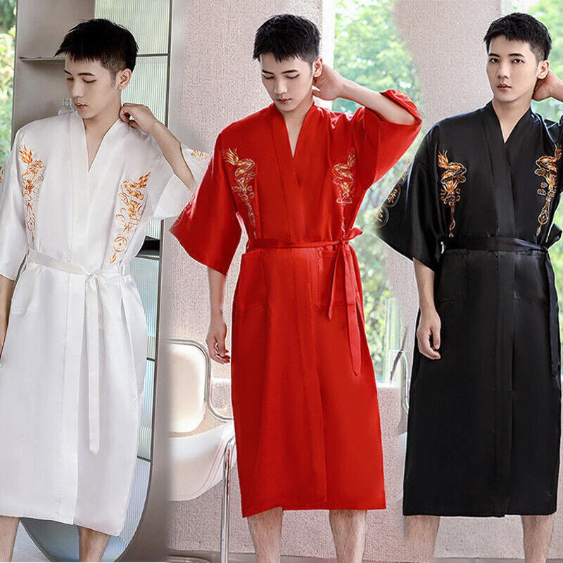 Hot Men's Silk Satin Japanese Chinese Kimono Dressing Gown Bath Robe Nightwear