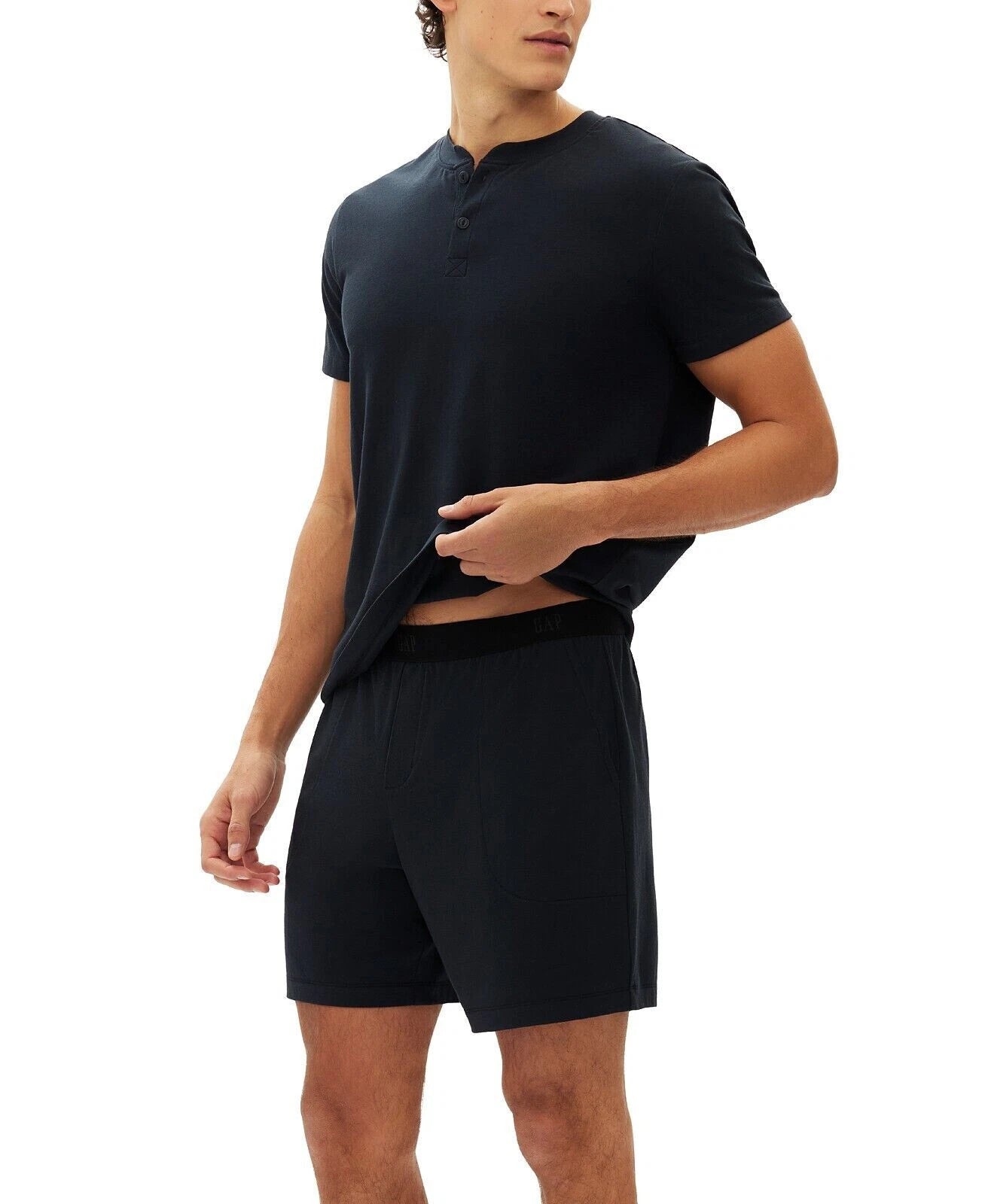 GAP Men's 2-Pc. Heathered Henley Shirt & Shorts Pajama Set, Black, Size Large