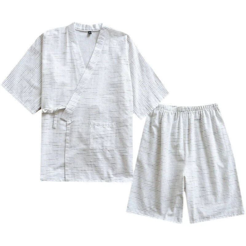 Japan Pajamas Set Cotton Striped 3/4 Sleeve Kimono Top Shorts Men Sleepwear Home
