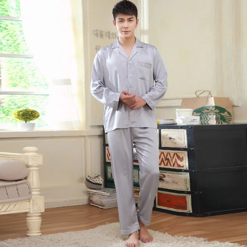NWT 2PCS Mens Silk Satin Pajamas Sleepwear Pyjamas PJS Long Sleeve M038 M L