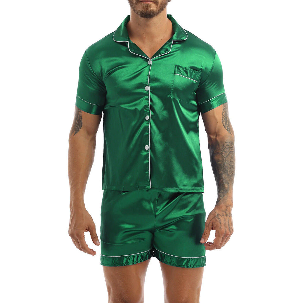 Men's Short Sleeve Satin Pajama Set with Shorts Classic Sleepwear Loungewear