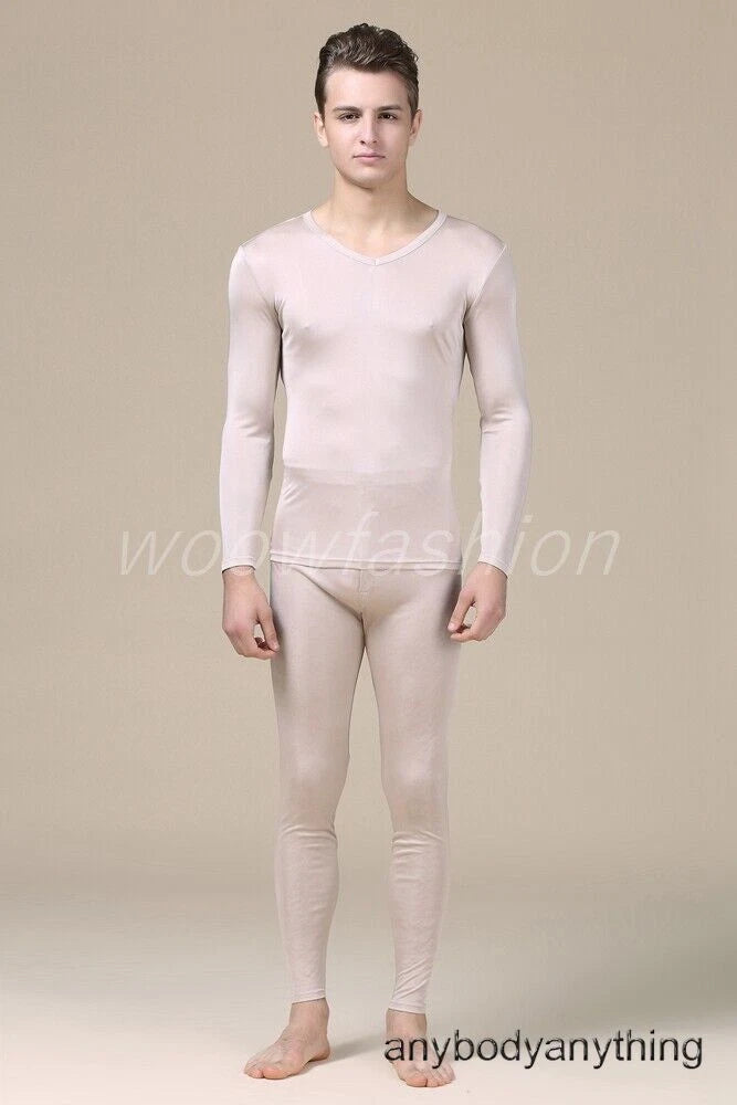 Men Mulberry Silk Thermal Long Johns Pajamas Underwear Baselayer Top&Bottom Set