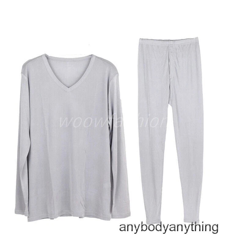 Men Mulberry Silk Thermal Long Johns Pajamas Underwear Baselayer Top&Bottom Set