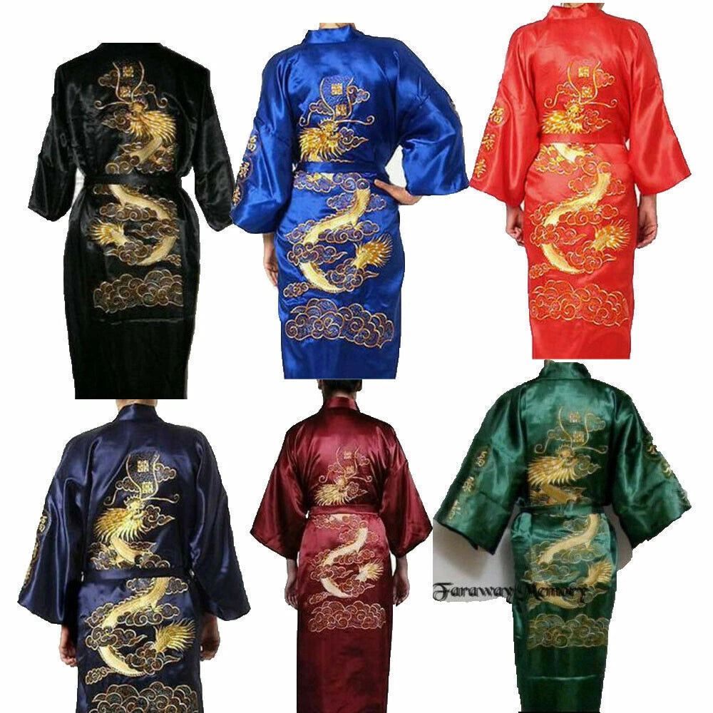 Hot Men's Silk Satin Japanese Chinese Kimono Dressing Gown Bath Robe Nightwear