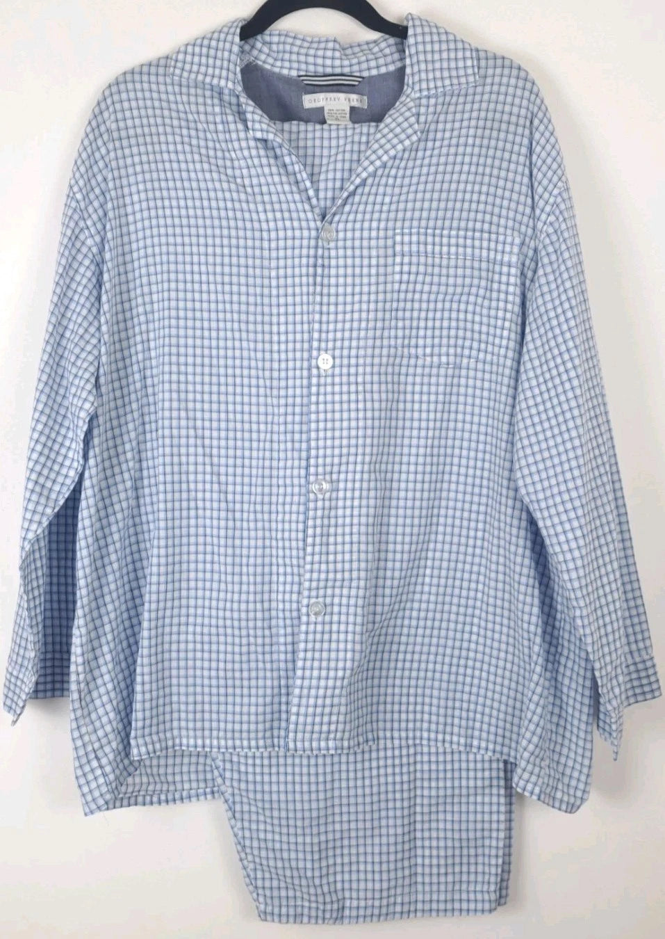Geoffrey Beene Pajama Set XL Blue Plaid Button Long Sleeve Altered Short   *READ