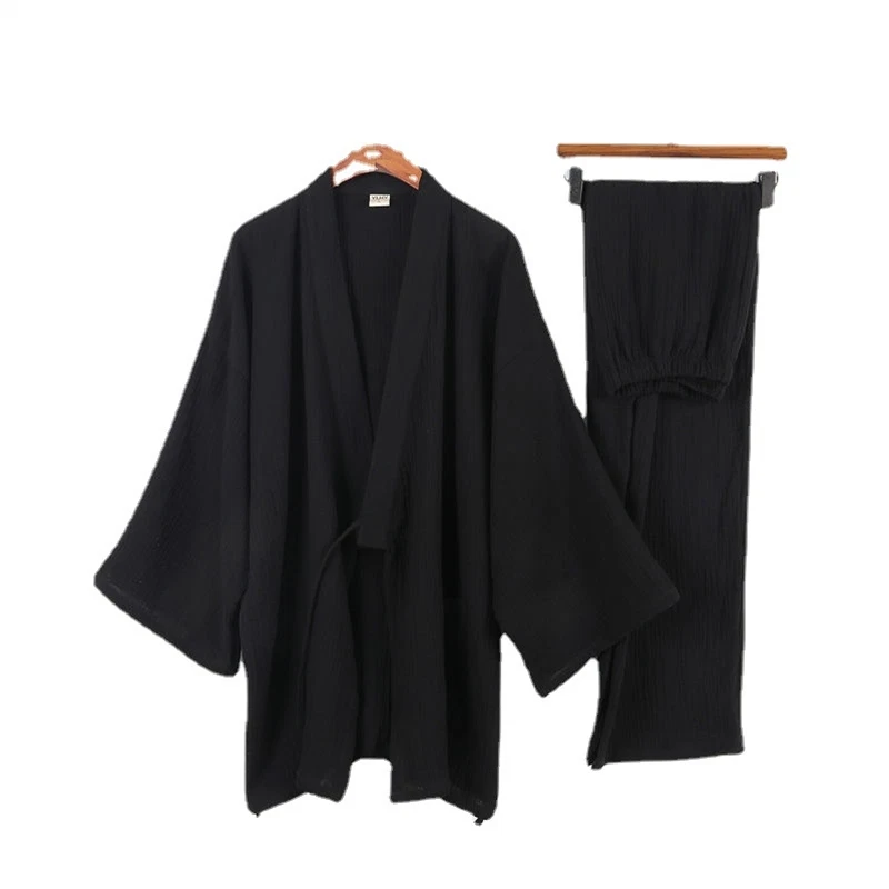 Japanese Men's Kimono Top Pants Sleepwear Robes Yukata Pajamas Set Crepe Cotton