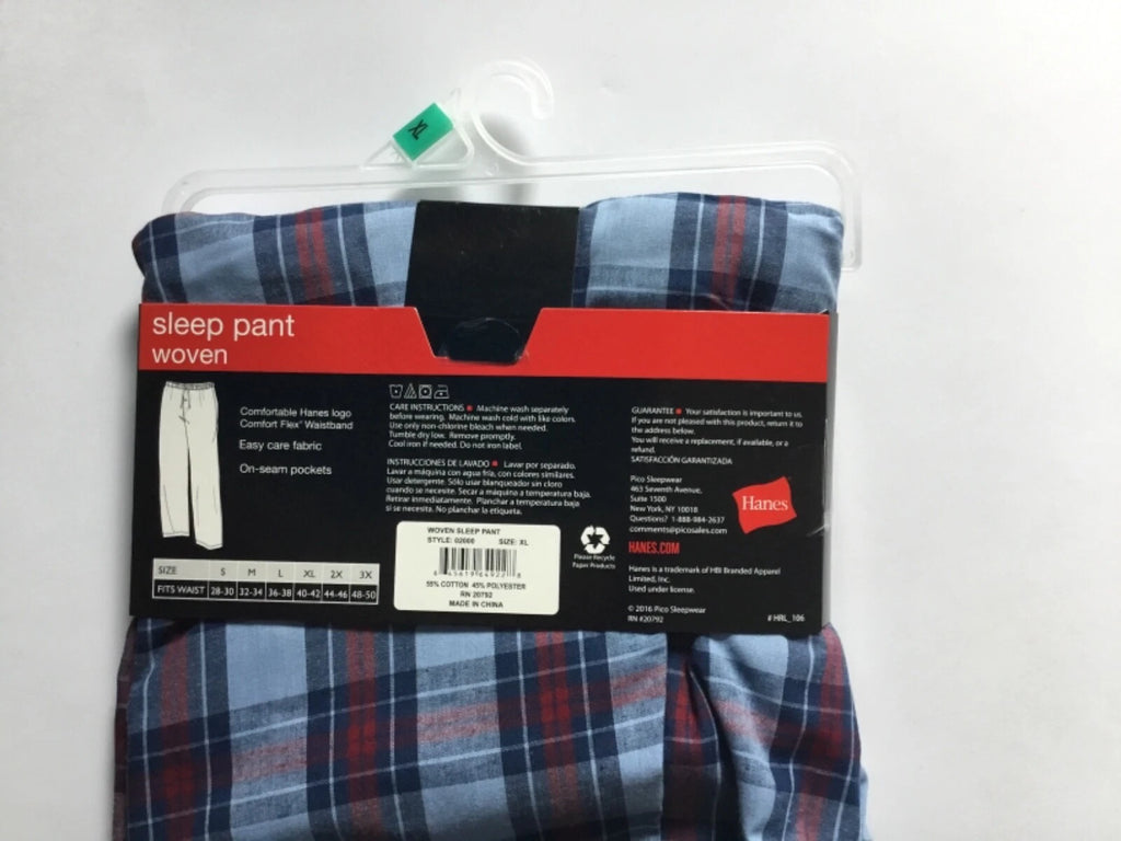 Hanes Men's Pajama Pants Sleepwear Blue Plaid Cotton Blend Size XL