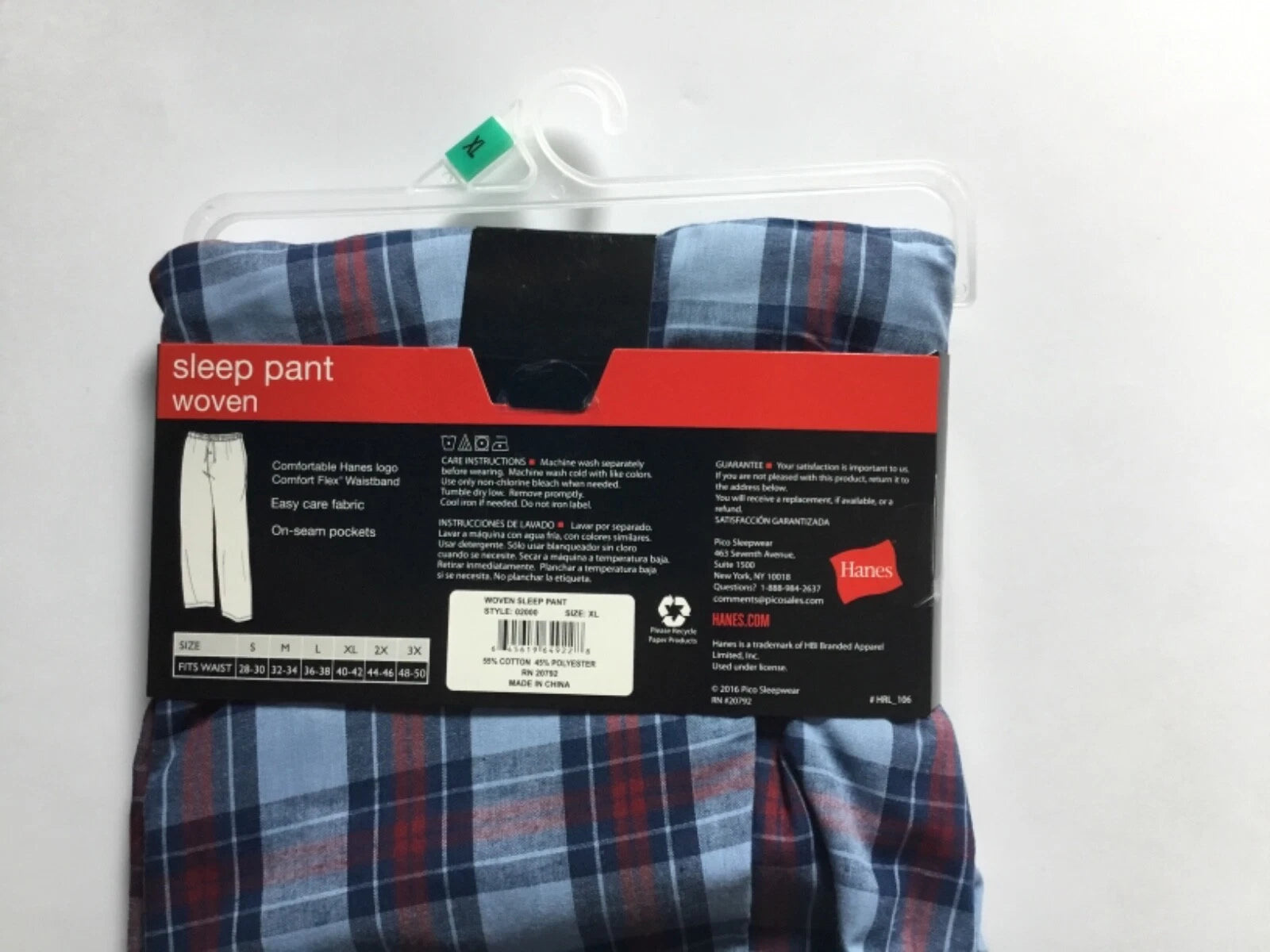 Hanes Men's Pajama Pants Sleepwear Blue Plaid Cotton Blend Size XL
