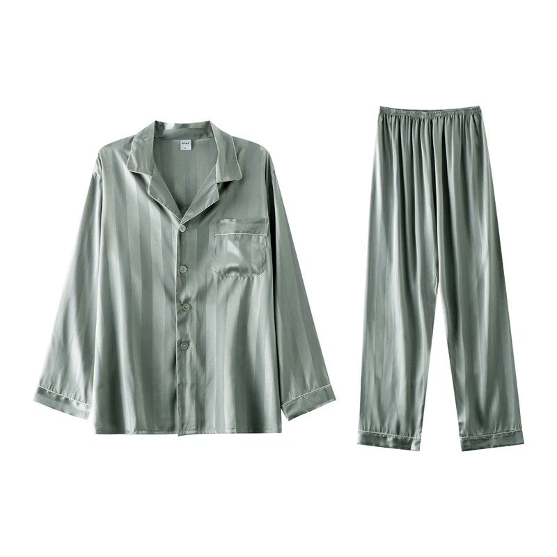 Mens Pajamas Nightwear Long Sleeve Sleep Tops Trousers Thin Ice Silk Pajamas Set
