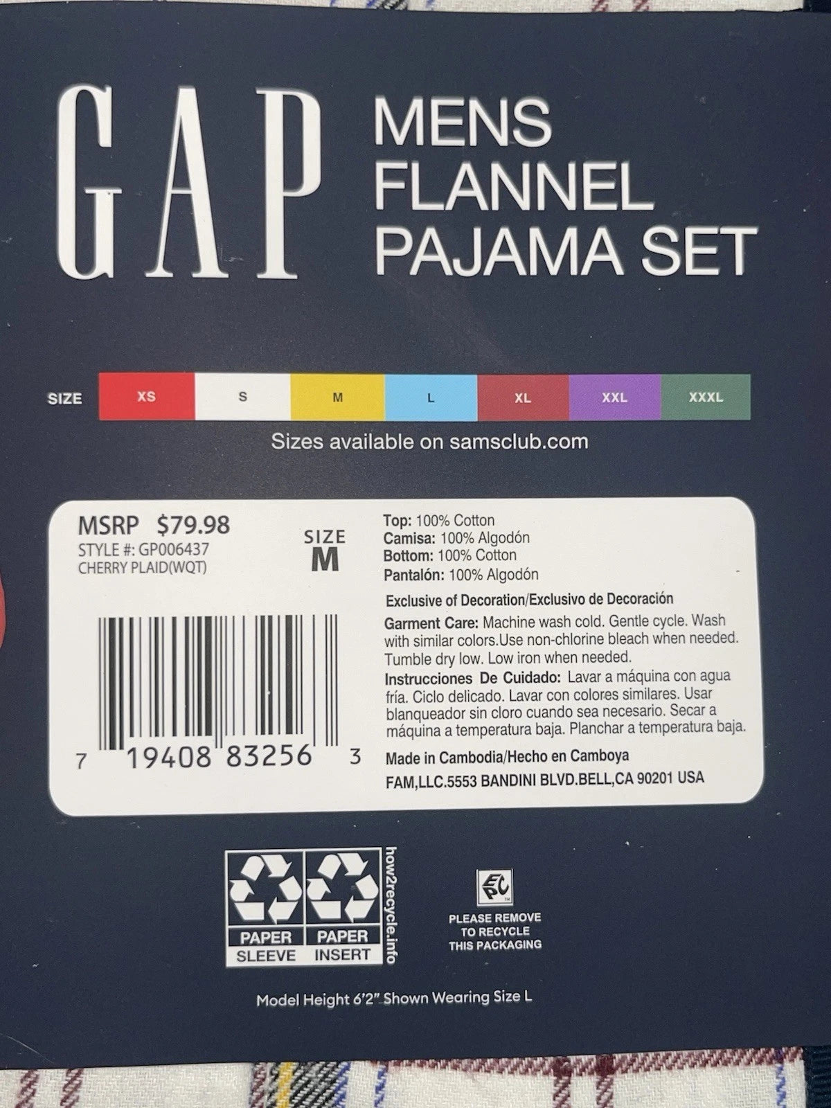 GAP MEN’S FLANNEL PAJAMA Set Size Medium Red Plaid