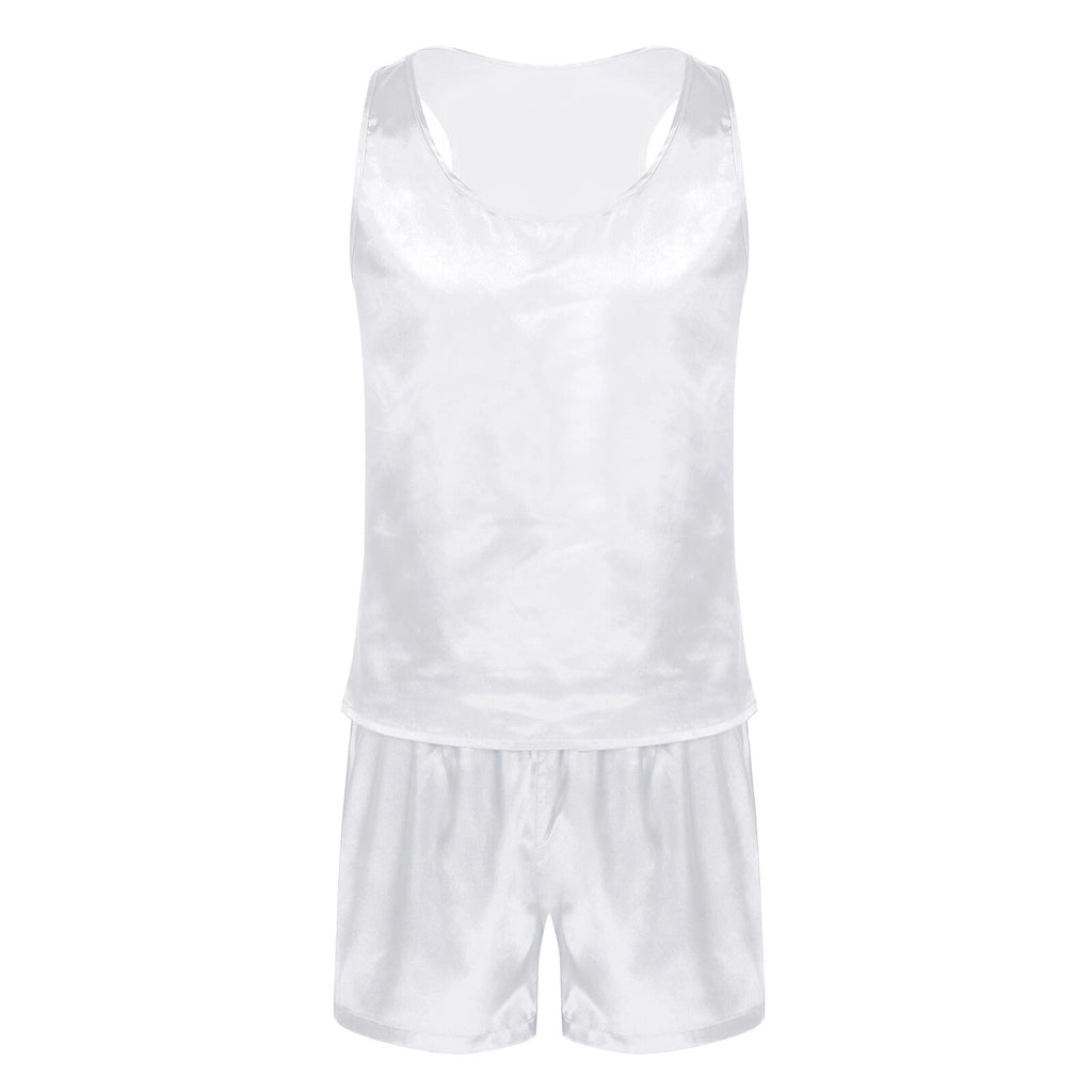 Mens Pajama Set Silky Satin Sleepwear Smooth Tank Top and Shorts 2 Pieces Set