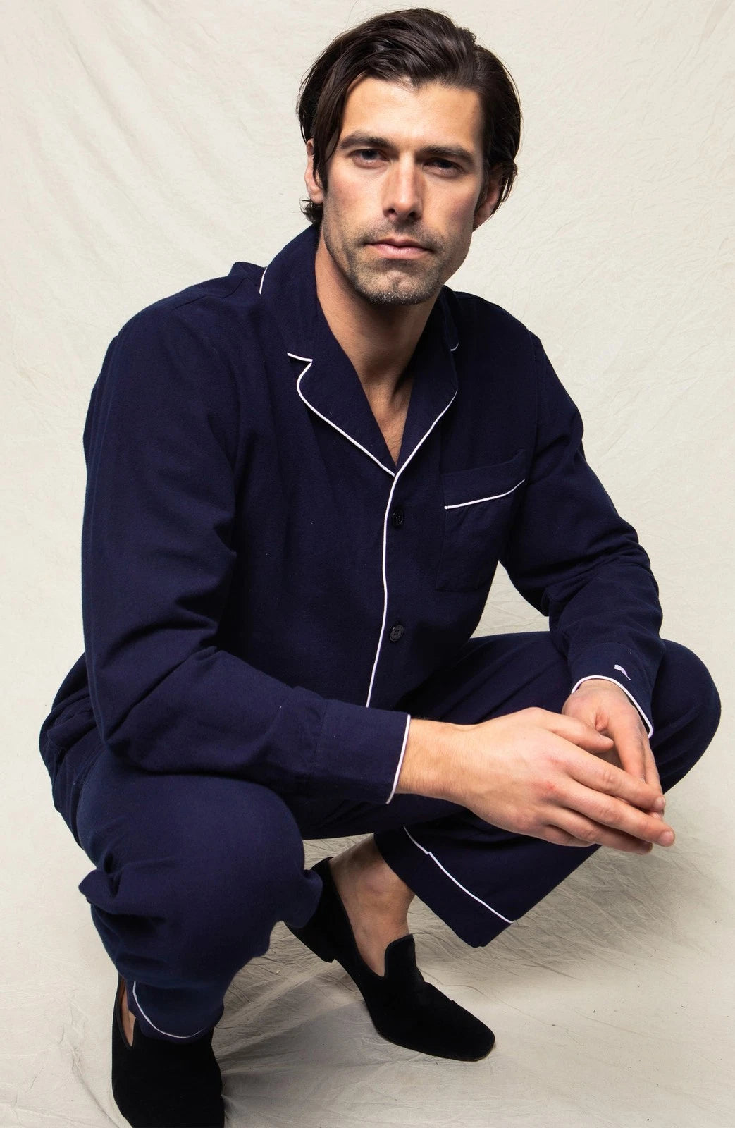 $118 NWT / PETITE PLUME Men's CLASSIC FLANNEL Navy Blue PAJAMA SET Size: LARGE