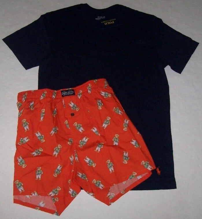 NWT Polo Ralph Lauren Orange/Navy BEACH BEAR Pajama/Undies BOXER SET Men L PONY