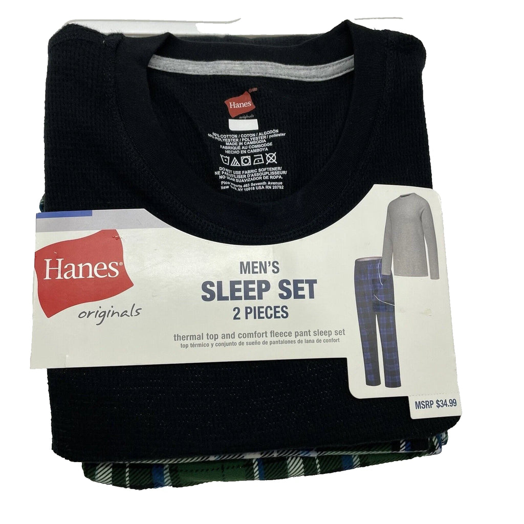 S Hanes Originals Men's 2 Pc Plaid Comfort Fleece Sleep Pajama Set Black SMALL