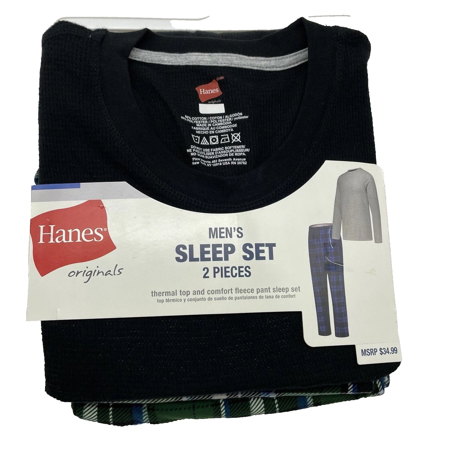 S Hanes Originals Men's 2 Pc Plaid Comfort Fleece Sleep Pajama Set Black SMALL