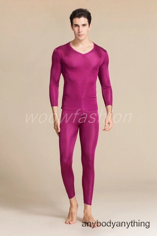 Men Mulberry Silk Thermal Long Johns Pajamas Underwear Baselayer Top&Bottom Set