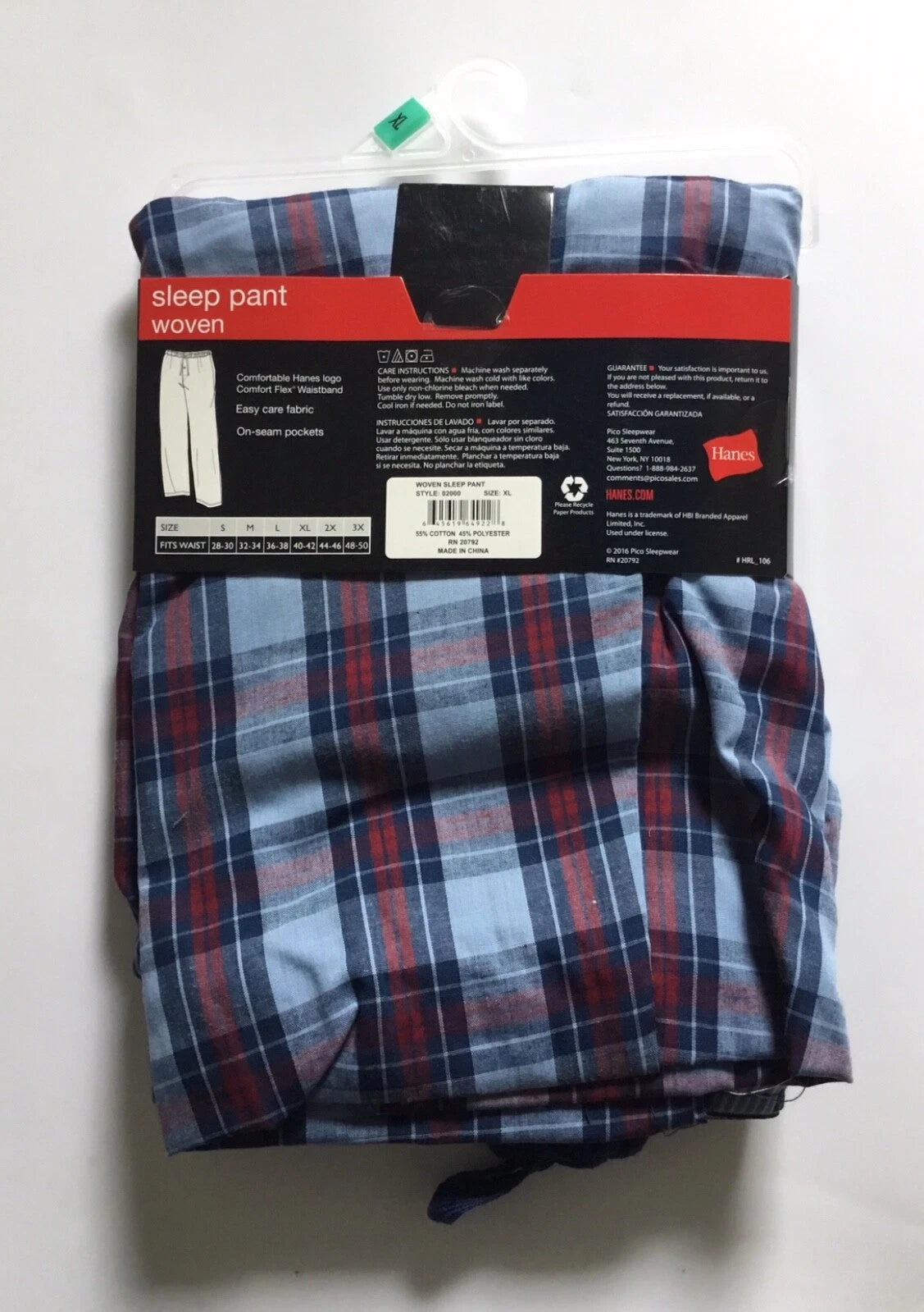Hanes Men's Pajama Pants Sleepwear Blue Plaid Cotton Blend Size XL