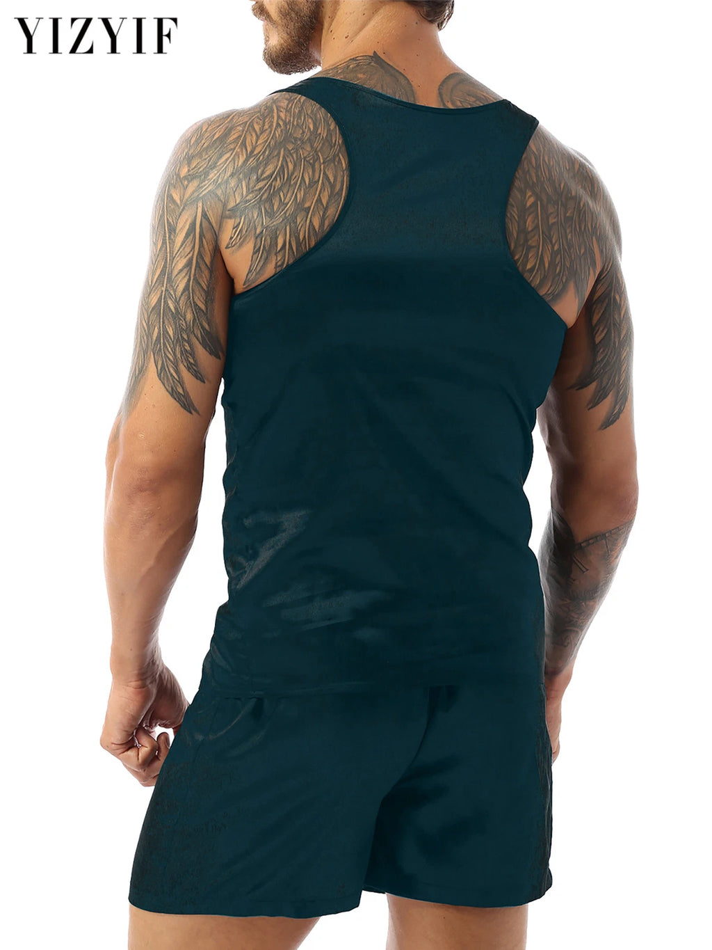 Mens Pajama Set Silky Satin Sleepwear Smooth Tank Top and Shorts 2 Pieces Set
