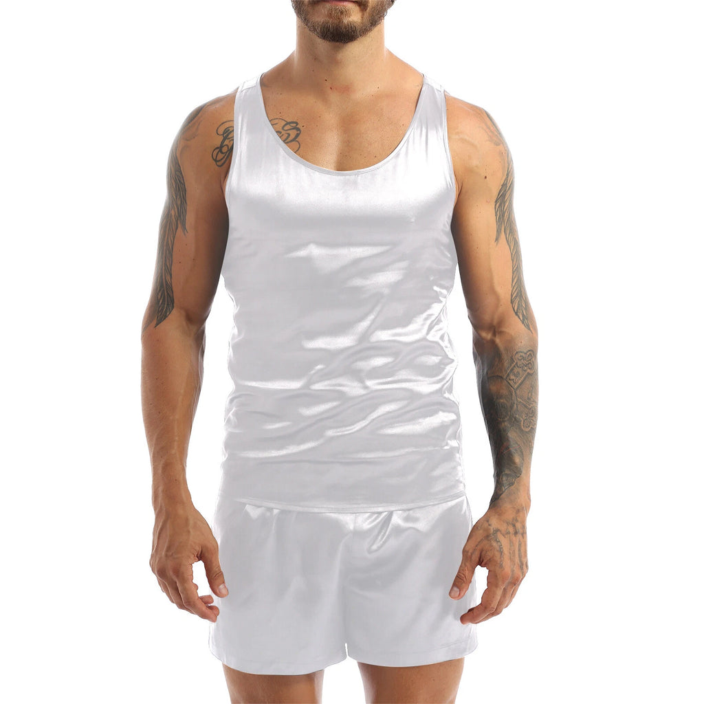 Mens Pajama Set Silky Satin Sleepwear Smooth Tank Top and Shorts 2 Pieces Set