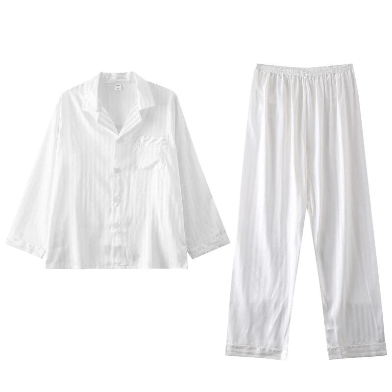 Mens Pajamas Nightwear Long Sleeve Sleep Tops Trousers Thin Ice Silk Pajamas Set