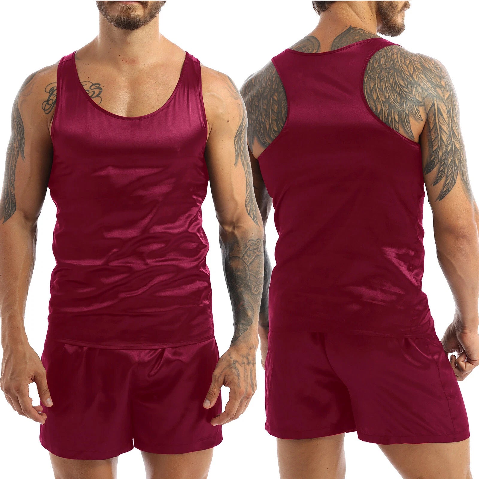 Mens Pajama Set Silky Satin Sleepwear Smooth Tank Top and Shorts 2 Pieces Set