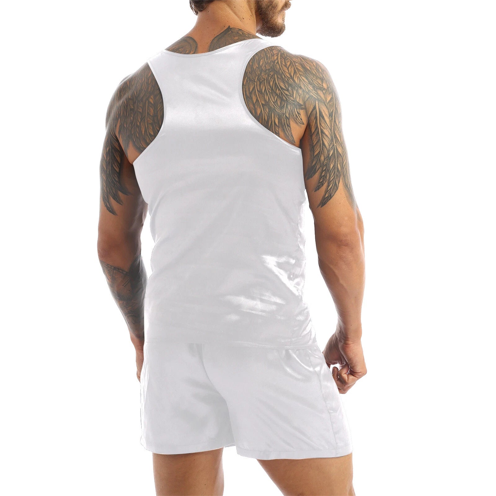 Mens Pajama Set Silky Satin Sleepwear Smooth Tank Top and Shorts 2 Pieces Set