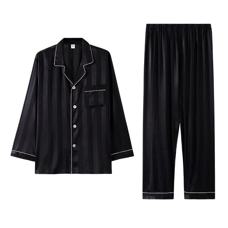 Mens Pajamas Nightwear Long Sleeve Sleep Tops Trousers Thin Ice Silk Pajamas Set