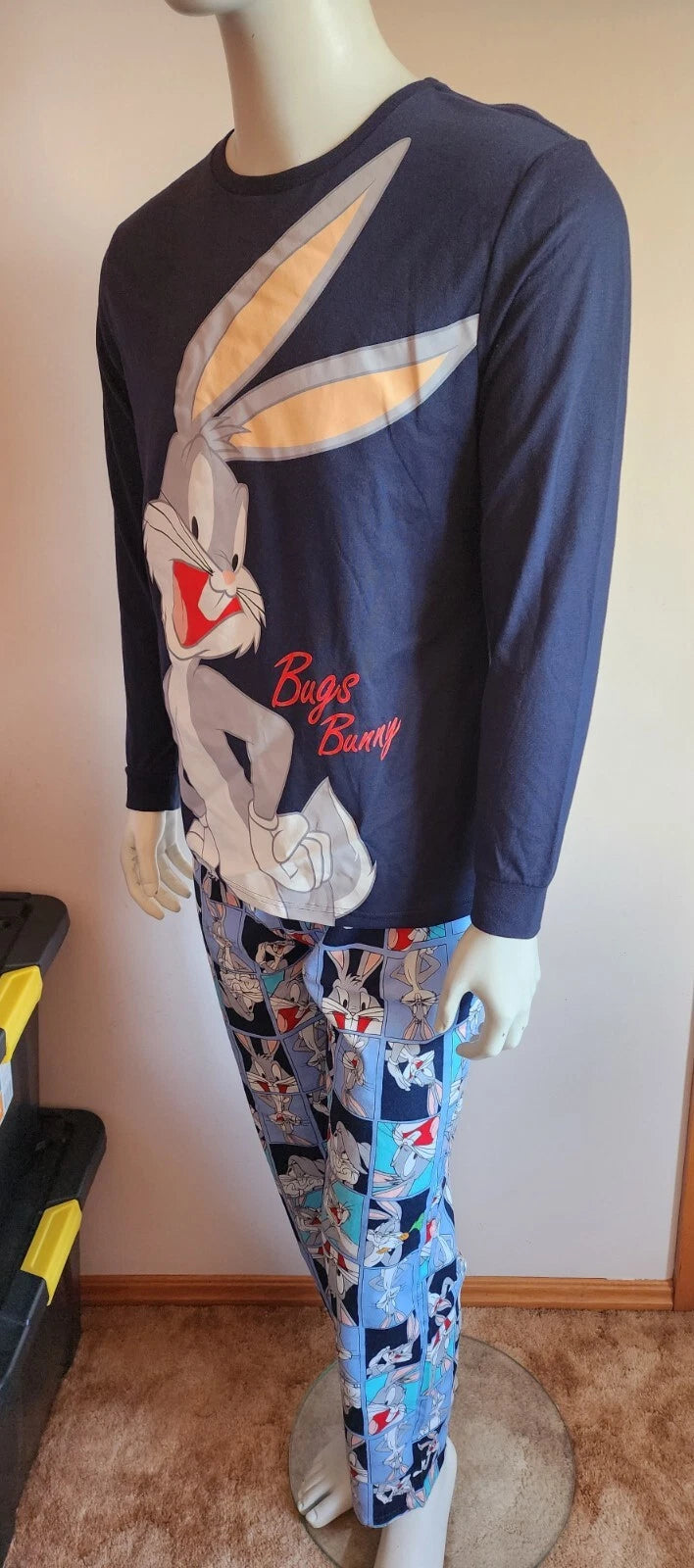 Looney Tunes Bugs Bunny Mens Navy Blue Printed 2 Piece Pyjama Set Size M New