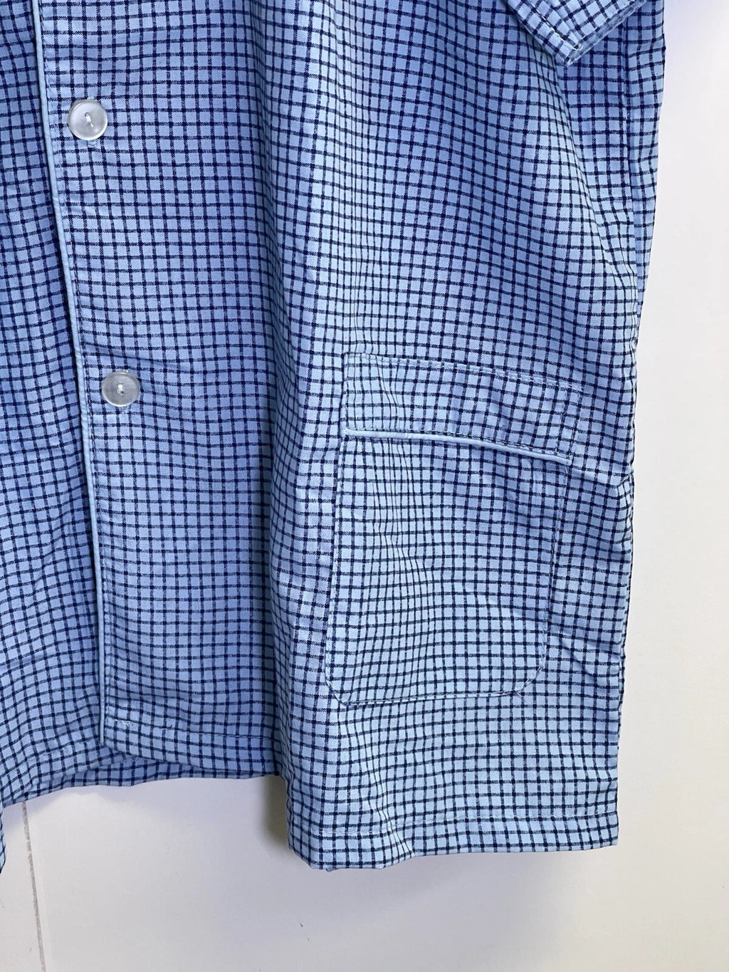 Haband Men's Size L Pajama Set 2-Pcs Check Blue  Short Sleeve Long Pants Pockets