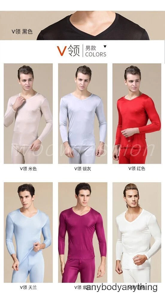 Men Mulberry Silk Thermal Long Johns Pajamas Underwear Baselayer Top&Bottom Set