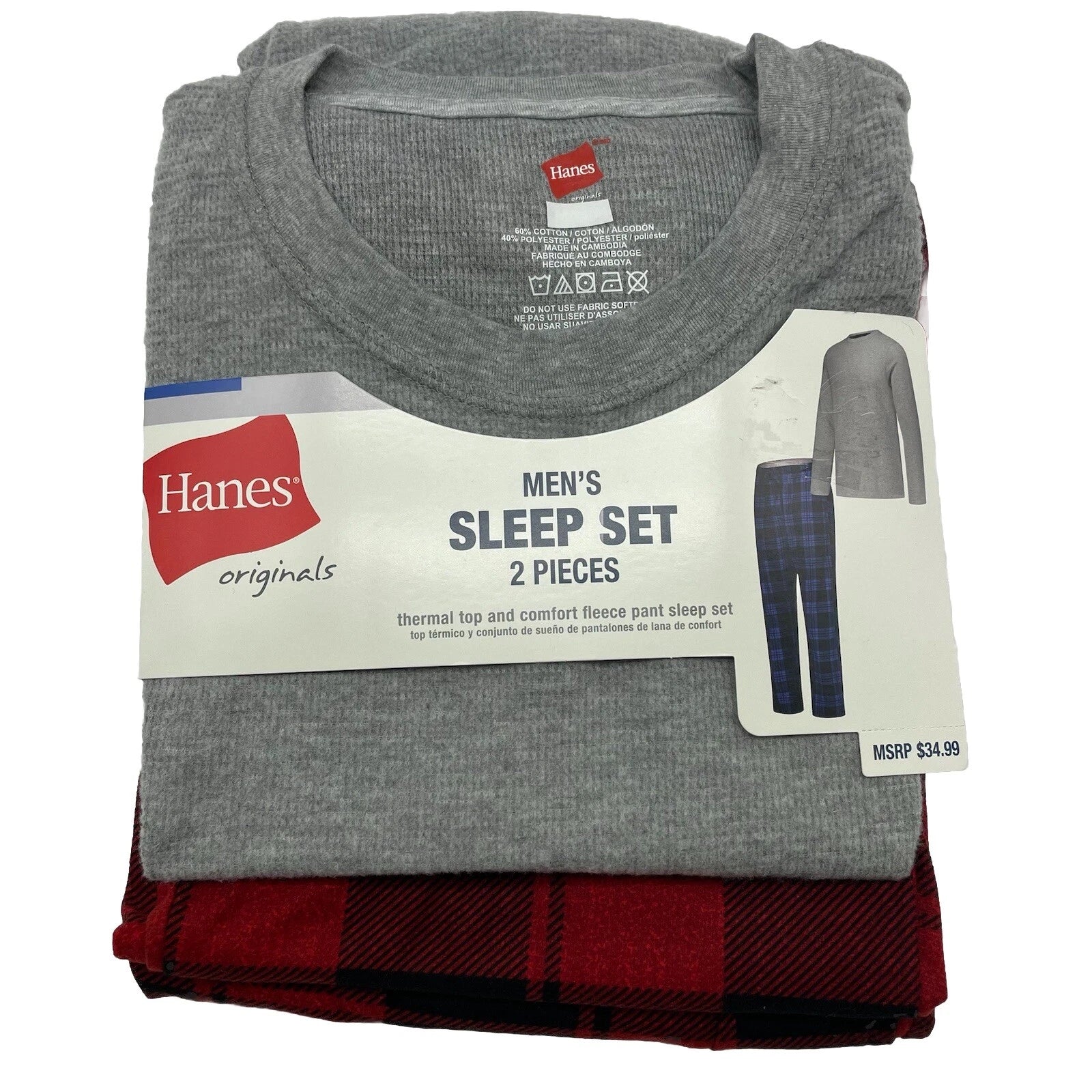 L Hanes Originals Men's 2 Pc Comfort Fleece Sleep Pajama Set Red Check Red LARGE