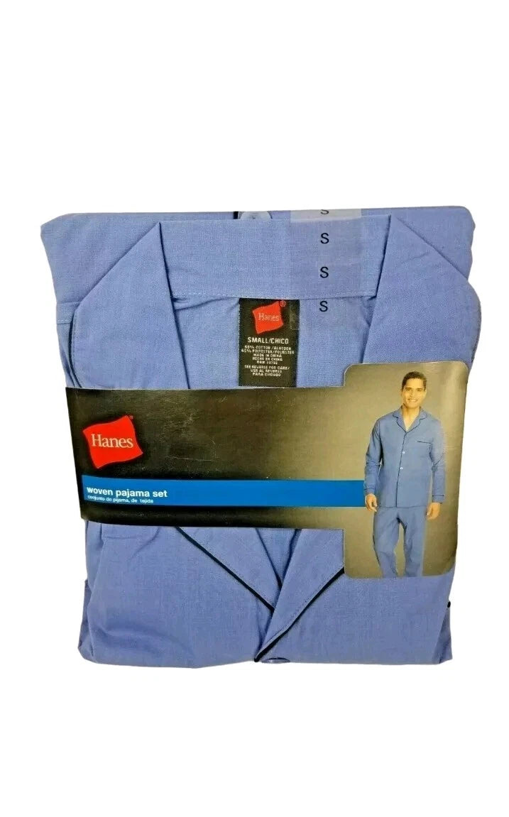 Hanes Men's Woven Pajama 2PC Set Long Sleeve top, Long Leg Pant Size S Blue