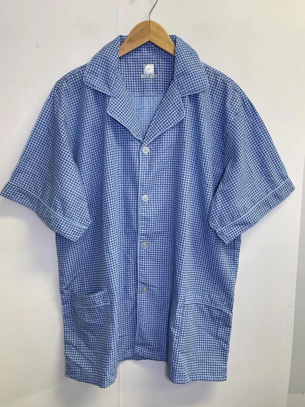 Haband Men's Size L Pajama Set 2-Pcs Check Blue  Short Sleeve Long Pants Pockets