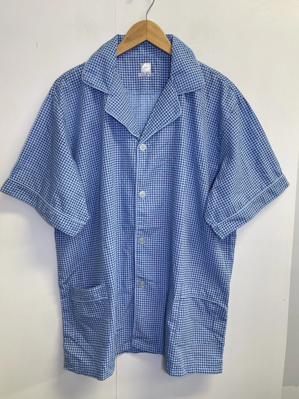 Haband Men's Size L Pajama Set 2-Pcs Check Blue  Short Sleeve Long Pants Pockets