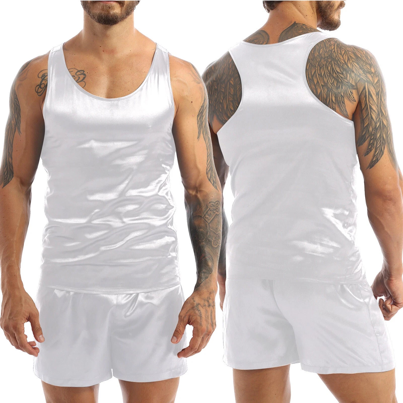 Mens Pajama Set Silky Satin Sleepwear Smooth Tank Top and Shorts 2 Pieces Set