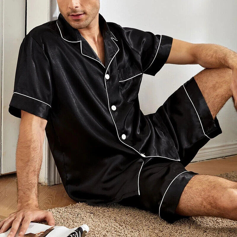 Mens Pajamas  Silk Satin Set Top and Shorts Sleepwear Nightwear Casual Pyjamas