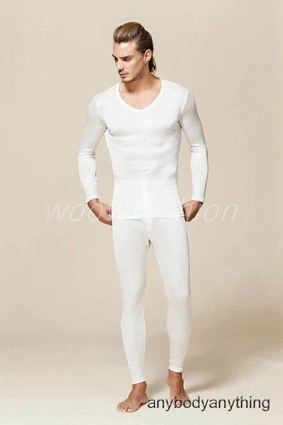 Men Mulberry Silk Thermal Long Johns Pajamas Underwear Baselayer Top&Bottom Set