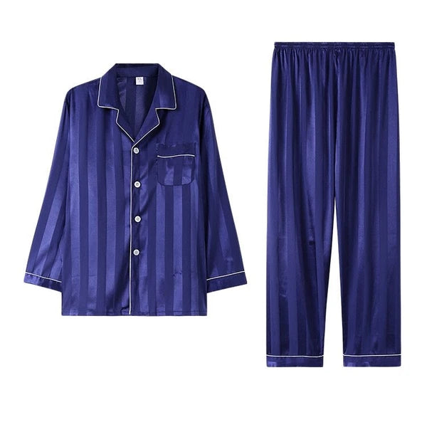 Mens Pajamas Nightwear Long Sleeve Sleep Tops Trousers Thin Ice Silk Pajamas Set