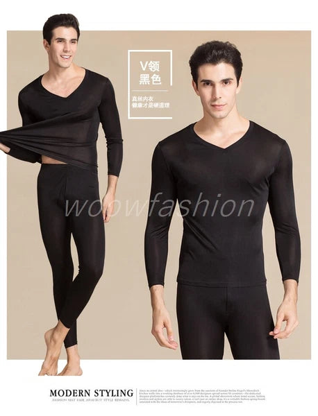 Men Mulberry Silk Thermal Long Johns Pajamas Underwear Baselayer Top&Bottom Set