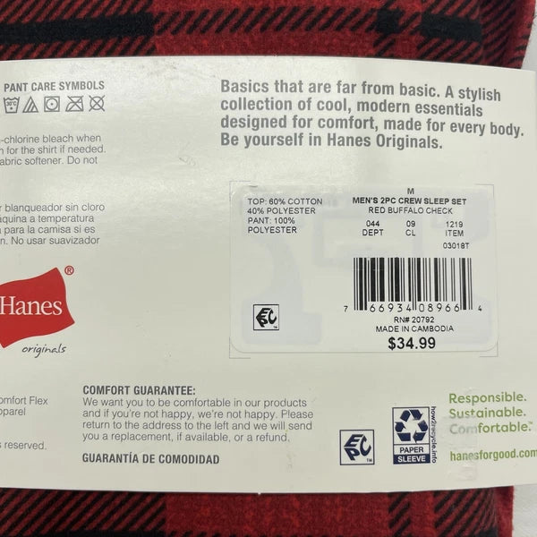 L Hanes Originals Men's 2 Pc Comfort Fleece Sleep Pajama Set Red Check Red LARGE