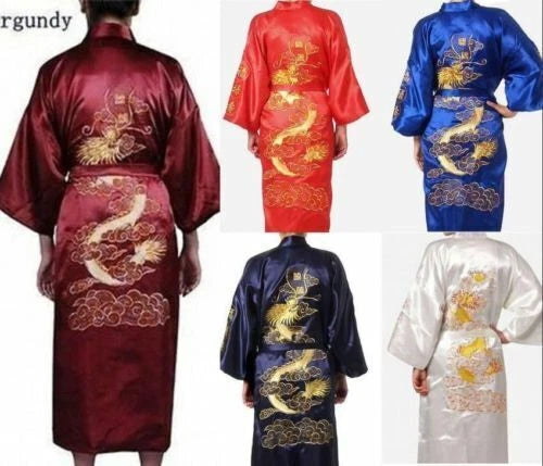 Hot Men's Silk Satin Japanese Chinese Kimono Dressing Gown Bath Robe Nightwear