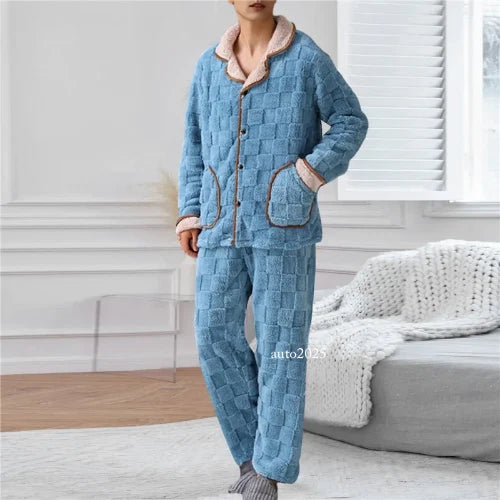 Men Coral Fleece Pajamas Plaid Jacquard Cardigan 2PCS Leisure Flannel Nightwear