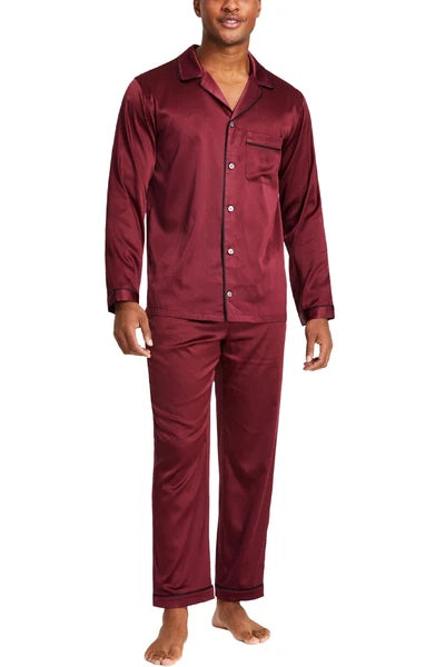 INC International Concepts Mens 2-Pc. Satin Tipped Pajama Set Small Tile Red NWT