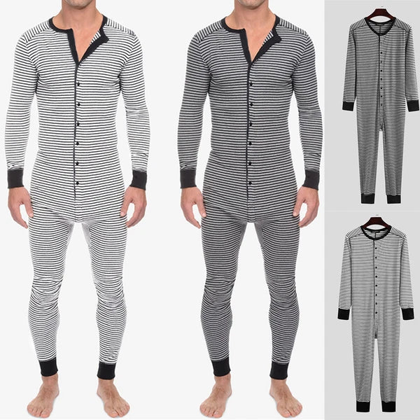 Mens One-Piece Pajamas Long Sleeve Button Bodysuits Jumpsuits Sleepwear Overalls