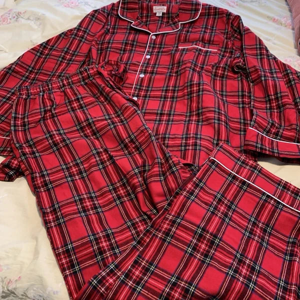 Lanz of Salzburg RED TARTAN PLAID 100% Cotton FLANNEL Men'x XL Pajama Set NWOT