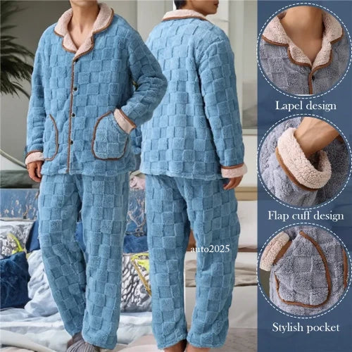 Men Coral Fleece Pajamas Plaid Jacquard Cardigan 2PCS Leisure Flannel Nightwear
