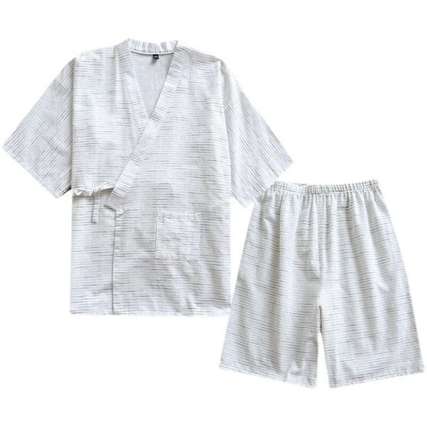 Japan Pajamas Set Cotton Striped 3/4 Sleeve Kimono Top Shorts Men Sleepwear Home